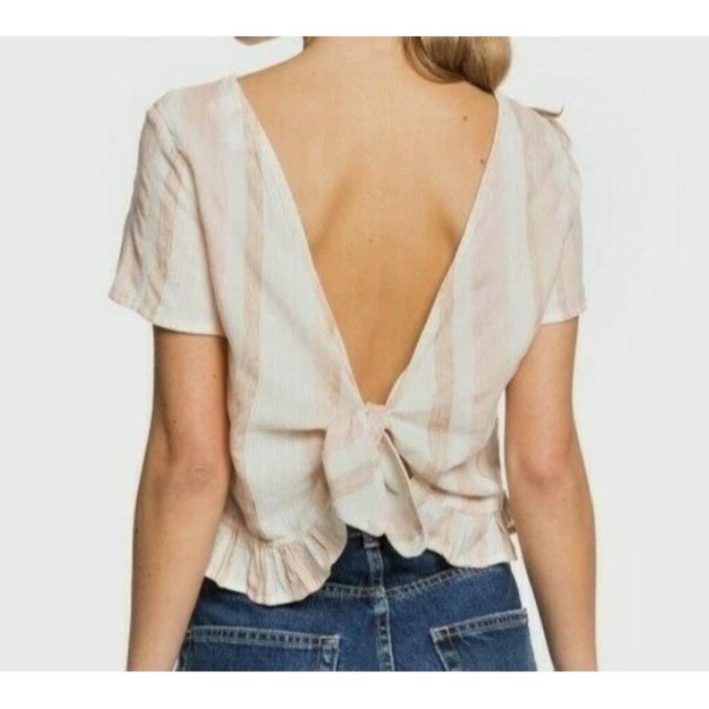 Roxy Ghost Away Crop Top‎ S Peach Striped Tie Back Ruffle Coastal Boho Beach